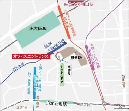 大阪梅田ツインタワーズ・サウスへの最寄り駅地図